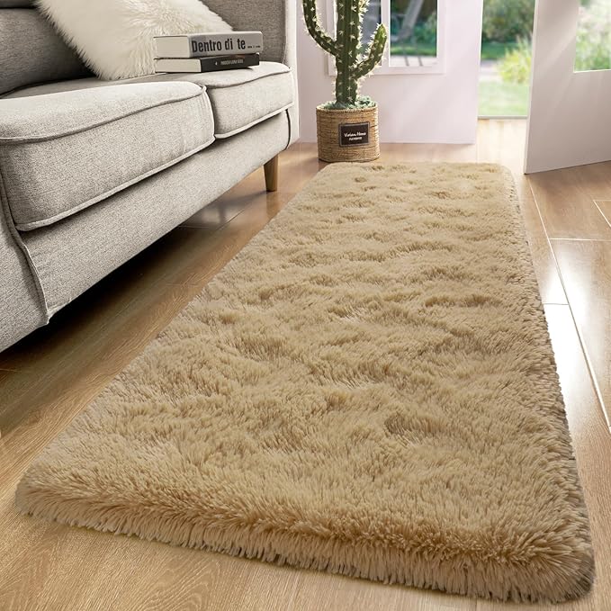 Macgace Fluffy Runner Rug, 2x6 Beige Washable Hallway Area Rugs for Bedroom Living Room Kitchen Laundry, Long Shag Rug with Non Slip Rubber Backing Fuzzy Entryway Carpet Modern Home Decor