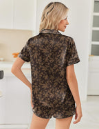 Ekouaer Womens Silk Satin Pajama Sets 2 Piece Button Down Silk Pjs Shorts Sets Cute Print Short Sleeve Sleepwear S-4XL
