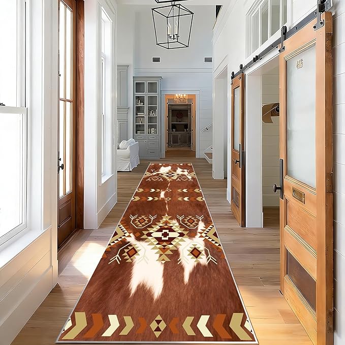 Cowhide Rugs for Kitchen,3x8ft,Cow Print Runner Rug for Hallway,Southwestern Decor Tribal Rug,Aztec Decor Western Rugs,Soft, Non-Slip, and Machine Washable Rustic Farmhouse Runner Carpet