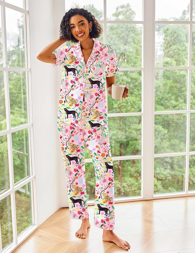 Ekouaer Silk Satin Pajamas Set Women Short Sleeve Sleepwear Soft Button Down Loungewear Pjs Set