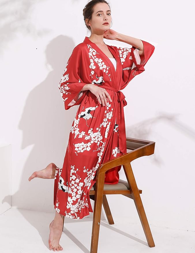 Aensso Long Soft Lightweight Silky Kimonos Robes for Women, Luxury Japanese Floral Womens Kimono Robe