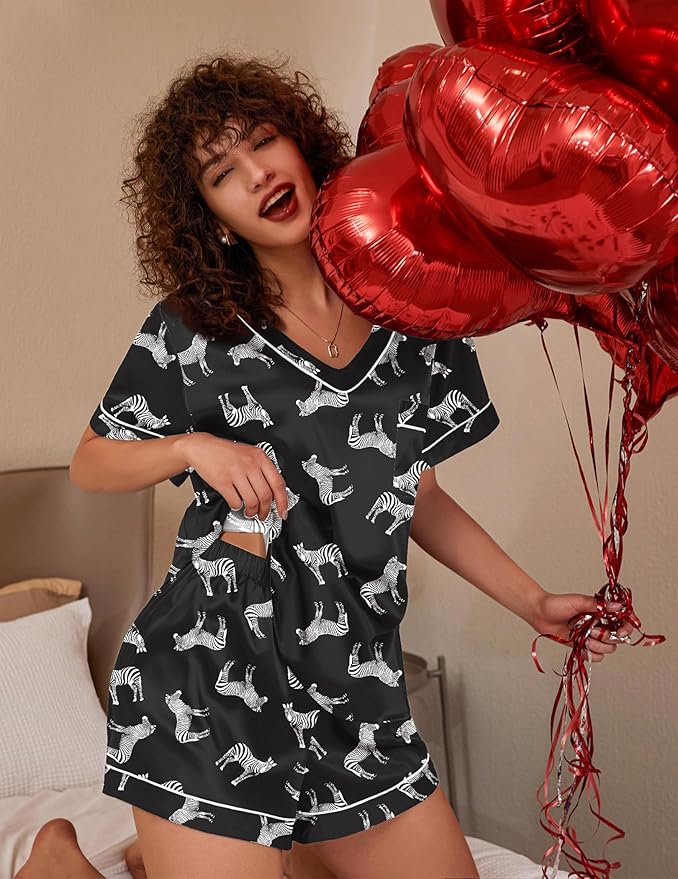 Ekouaer Silk Pajama for Women Short Sleeve Satin Pj Set Two Piece Soft Sleepwear Loungewear, S-XXL