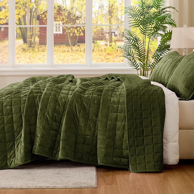 BEDELITE Velvet Quilt Set Queen Size - Luxury Velvet Comforter Bedding Set 3 Pieces, Lightweight Soft Cozy Olive Green Oversized Bedspread Coverlet for All Seasons with 2 Pillow Shams