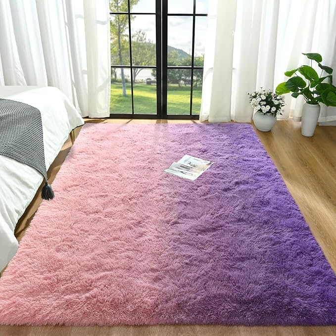 Purple Pink Area Rugs 5x8 Feet Rug for Bedroom Living Room, Cute Indoor Gradient Carpets, Plush Soft Rug for Kids Room, Fluffy Rugs for Girls Boys Nursery Room Home Decor