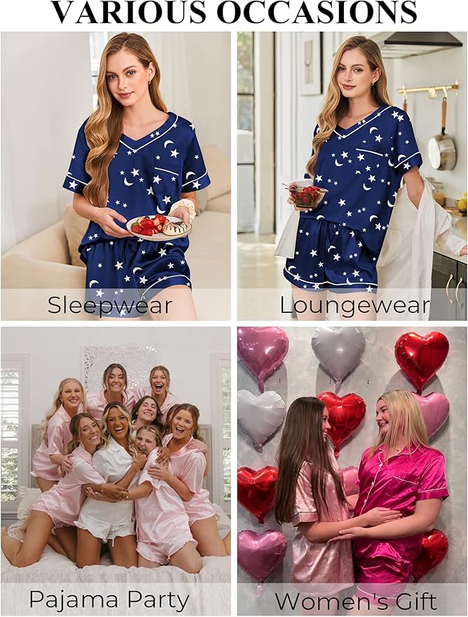 Silk Pajamas for Women Short Sleeve Satin 2 Piece Pj Set Soft V Neck Sleepwear Loungewear, S-XXL