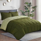 HIG 3pc Olive Green King Size Comforter Set - All Season Reversible Down Alternative Comforter with Two Shams - Quilted Duvet Insert with Corner Tabs - Box Stitched - Breathable, Soft, Fluffy