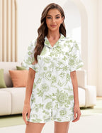 EPLAZA Silk Pajamas for Women Satin Pajamas Set 5 Pcs Long Sleeve Print Pattern Button Down Pjs Sleepwear Loungewear Set