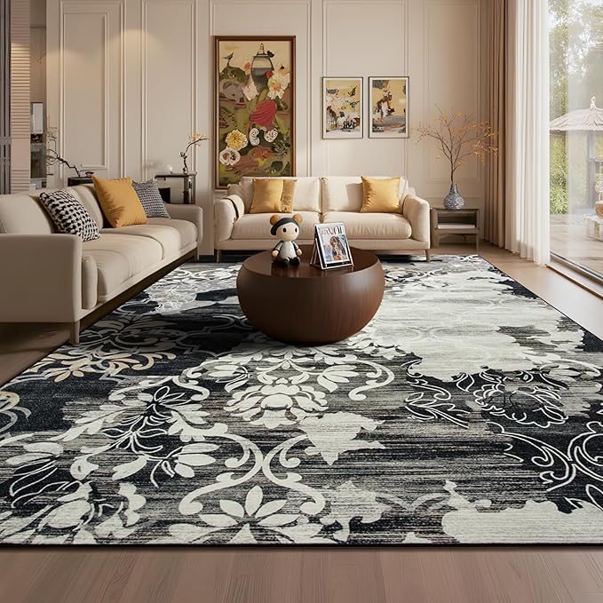 CRYPTOLITE Area Rugs 8x10 Rug for Living Room Abstract Washable Rug with Non-Slip Backing Low Pile Area Rug for Bedroom, Dining Room, Black