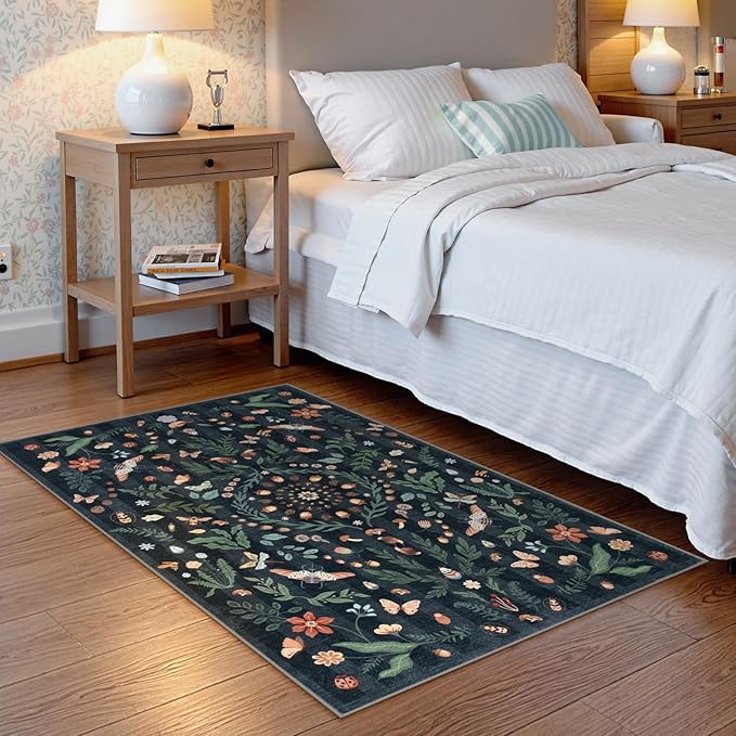 Lahome Insect Botanical 3x5 Washable Rugs for Entryway Soft Rug for Bedroom, Black Kitchen Rugs Non Slip Washable, Boho Floral Indoor Throw Carpet for Bathroom Laundry Living Room(Black,3x5)