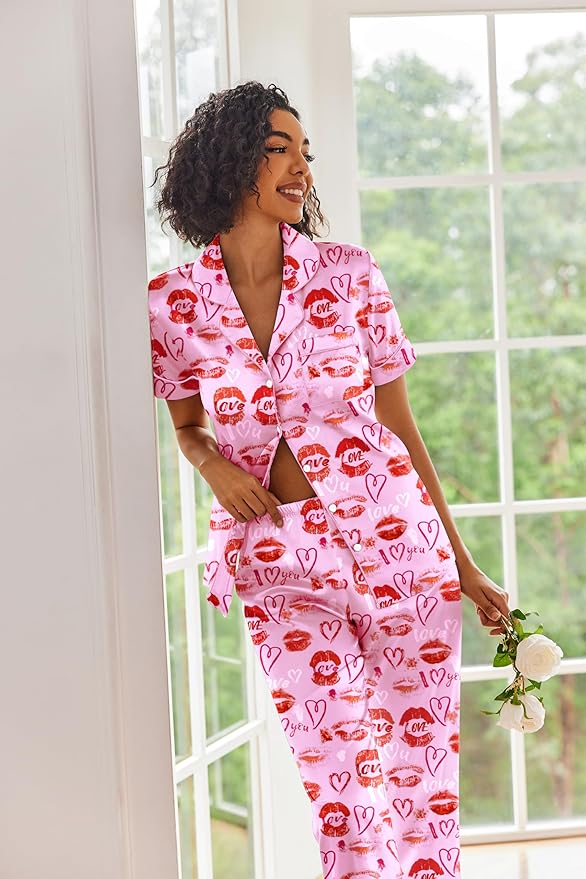 Ekouaer Silk Satin Pajamas Set Women Short Sleeve Sleepwear Soft Button Down Loungewear Pjs Set