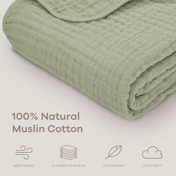 Comfy Cubs Muslin Baby Blanket - Soft, Lightweight, 6-Layer Cotton Swaddle Blankets for Newborns, Infants & Toddlers - 40" x 40" Large, Breathable & Versatile for Sleeping & Tummy Time - Sage
