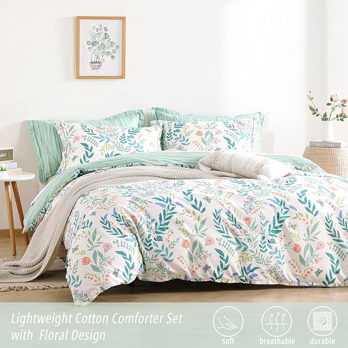 ALEISSEL Botanical Cotton Comforter Queen Size 3Pcs - Cute Garden Floral Design with Green Leaves & Coral and Pink Flowers,Sage Striped Reverse,Lightweight Reversible Bedding Sets(Full/Queen,90"×90")