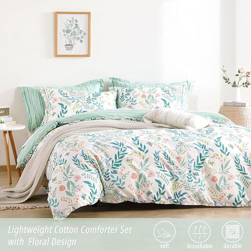 ALEISSEL Botanical Cotton Comforter Queen Size 3Pcs - Cute Garden Floral Design with Green Leaves & Coral and Pink Flowers,Sage Striped Reverse,Lightweight Reversible Bedding Sets(Full/Queen,90"×90")