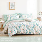 ALEISSEL Botanical Cotton Comforter King Size 3Pcs - Cute Garden Floral Design with Green Leaves & Coral and Pink Flowers,Sage Striped Reverse,Lightweight Reversible Bedding Sets(King,104"×90")
