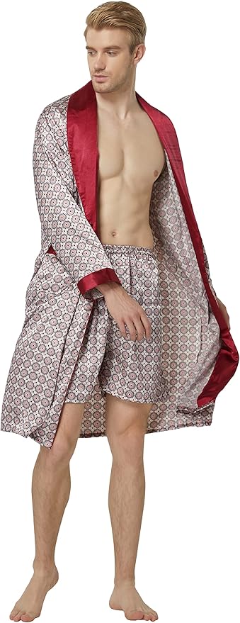 Tony & Candice Men's Satin Robe Lightweight Long Sleeve Silk Kimono Bathrobe with Shorts Set Sleepwear