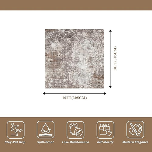 10x10 Square Living Room Area Rug – Washable Non-Slip Modern Large Rug for Bedroom, Dining Room, Playroom –Abstract Low-Pile Thin Indoor Floor Carpet (Brown Beige,10x10)