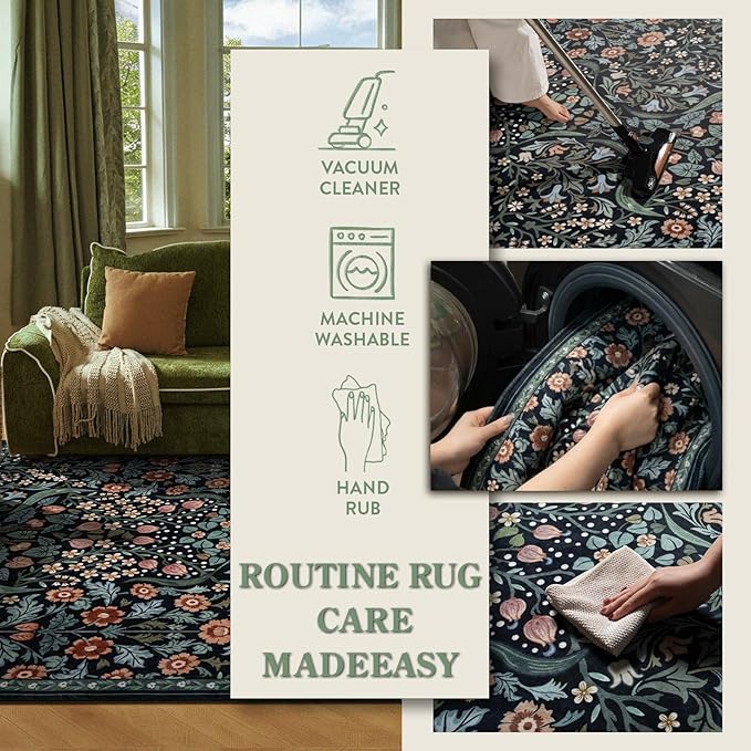 Lahome Claude Floral 8x10 Black Rugs for Living Room, Soft Washable Large Area Rug for Bedroom Dining Room, Botanical Lightweight Stain-Resistant Boho Carpet for Guestroom Indoor