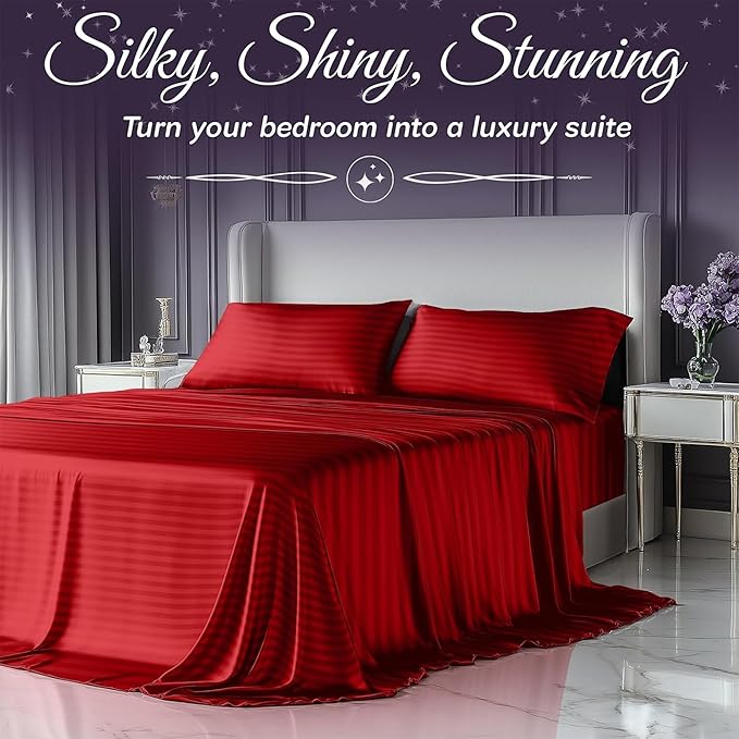 SLEEP SANCTUARY Satin Sheets Twin Size – 3 Piece Luxury Silky Bed Set, Softer Than Silk, 15" Deep Pocket, Cooling & Wrinkle-Free, Moisture-Wicking & Breathable for Hair & Skin (Striped Red)