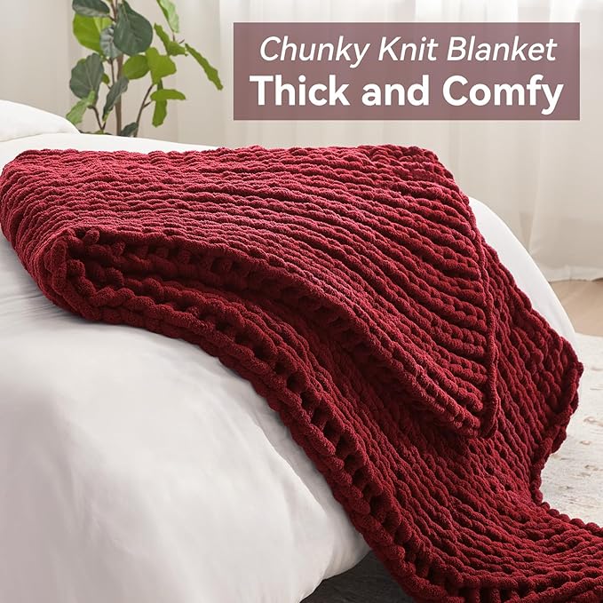 Negwoo Chunky Knit Throw Blanket, 80''*90'' Knitted Throw Chenille Yarn for Bed Couch, Handmade Red Crochet Big Thick Blanket, Machine Washable Cute Comfy Blanket for Home Decor