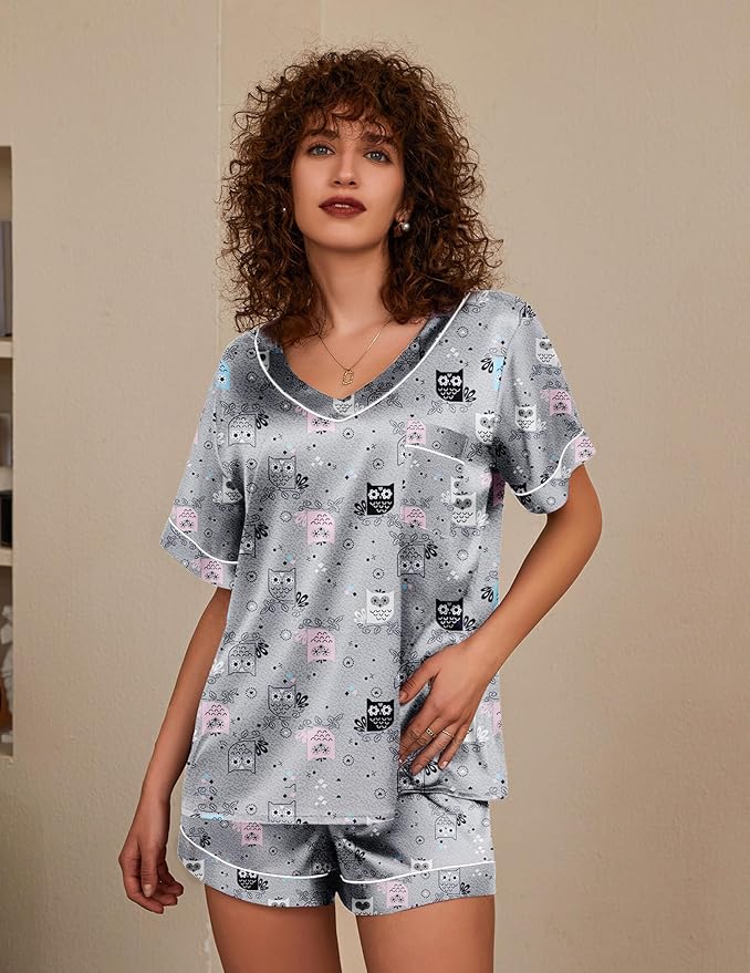 Ekouaer Silk Pajama for Women Short Sleeve Satin Pj Set Two Piece Soft Sleepwear Loungewear, S-XXL