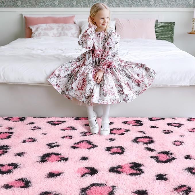 HOMORE Leopard Print Rugs, 3x5 Feet Pink Leopard Rug for Girls Bedroom, Soft Cheetah Print Rugs for Living Room Western Decor, Modern Indoor Fluffy Area Rug for Kids Nursery Dorm Decor