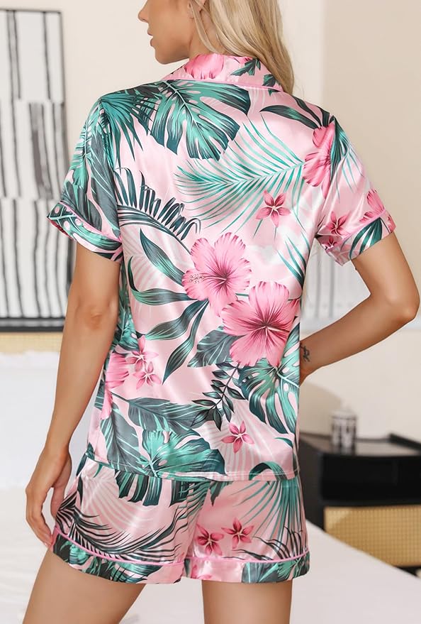 Samring Women's Silk Satin Pajamas Set Short Sleeve Sleepwear Two Piece Button Down Pj Set with Pockets S-XXL