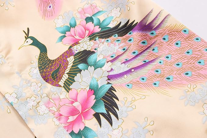 Women's Short Kimono Robes Bride and Bridesmaid Satin Floral Bathrobe Peacock Sleepwear Dressing Gown for Wedding Party