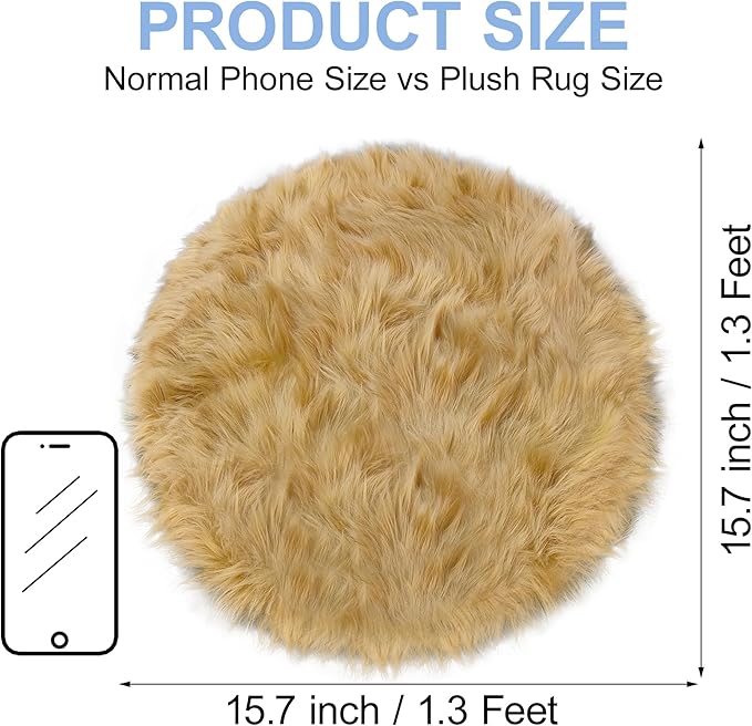 15.7 Inches Mini Khaki Round Faux Fur Sheepskin Area Rug, Fluffy Small Circle Rugs Cushion for Chair, Furry Carpet for Nail Desk, Shaggy Circular Rug Plush Rug