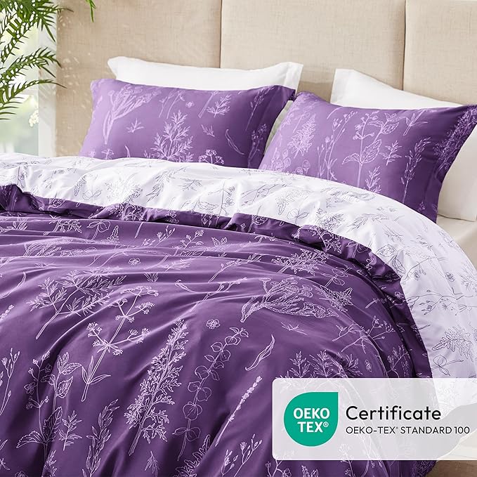 Love's cabin Dark Purple Full Comforter Set - Full Size Comforter Set, 3 Pieces Cute Floral Bedding Sets for All Seasons,1 Soft Reversible Botanical Flowers Comforter and 2 Pillow Shams