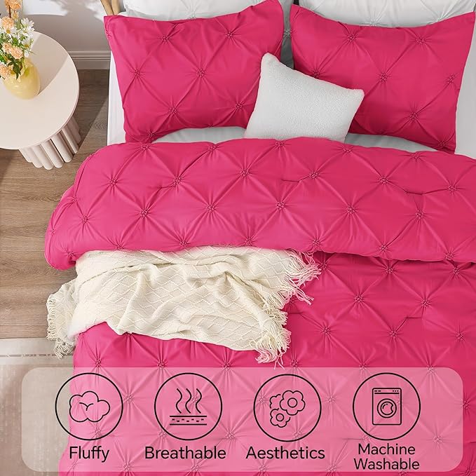 BEDELITE Hot Pink Queen Comforter Set - 3 Pieces Boho Pintuck Bedding Comforter Sets, Lightweight Soft & Warm Bed Comforter Queen with 2 Pillowcases for All Season
