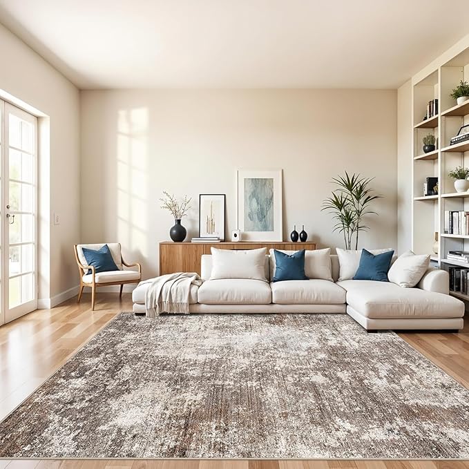 8x8 Square Living Room Area Rug – Washable Modern Neutral Abstract Indoor Rug for Bedroom, Dining Room, Kitchen – Non-Slip Soft Low-Pile Floor Carpet (Brown Beige,8x8)