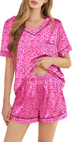 Silk Pajamas for Women Short Sleeve Satin 2 Piece Pj Set Soft V Neck Sleepwear Loungewear, S-XXL