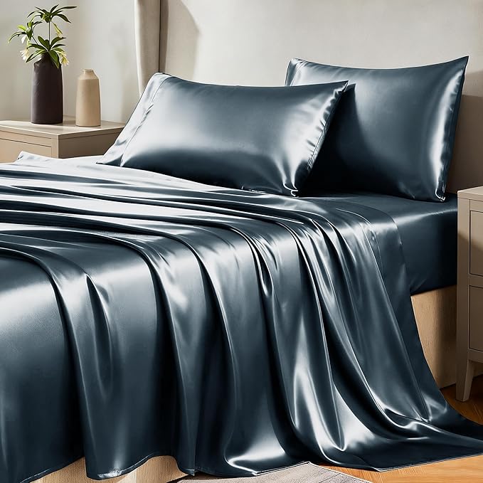CozyLux Satin Sheets Full Size Sheets - 4 Piece Silky Full Size Bed Sheets, Luxury Steel Blue Full Bed Set with Smooth and Soft Microfiber, Includes 1 Fitted Sheet, 1 Flat Sheet and 2 Pillowcases