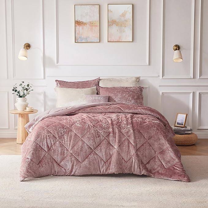 Intelligent Design Twin Comforter Set, Velvet Comforter Set , Luxury Diamond Quilting Comforter Set, Fluffy Comforter Bed Set with Decorative Pillowand 1 Sham, 3 Piece Pink, Twin/Twin XL