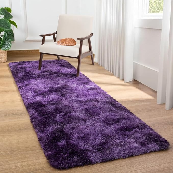 Softlife Dark Purple Area Rug for Bedroom, Fluffy Shag Plush Tie Dyed Rugs for Living Room Girls, Shaggy Throw Carpet for Kids Soft Fuzzy Runner Small 2x6 Runners for Hallways Dorm