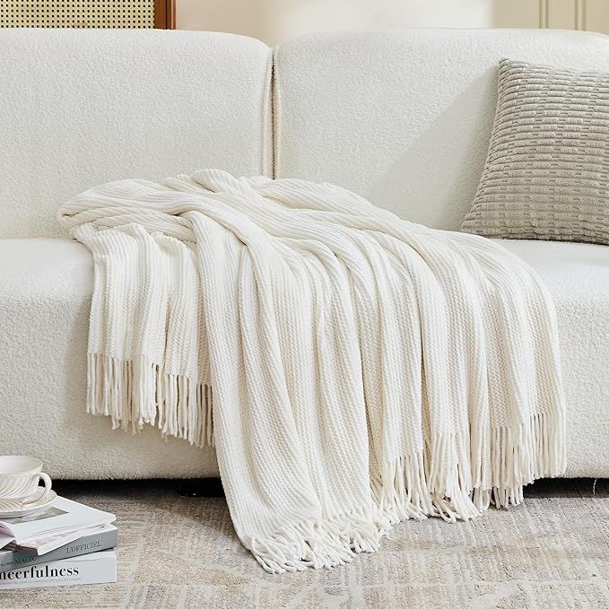 inhand Throw Blanket for Couch Bed,Chunky Chenille Woven Soft Blankets with Tassels,Cozy Boho Farmhouse Spring Summer Fall Decor,Warm Knitted Gifts for Women,50"x60",Medium Thick-Off White