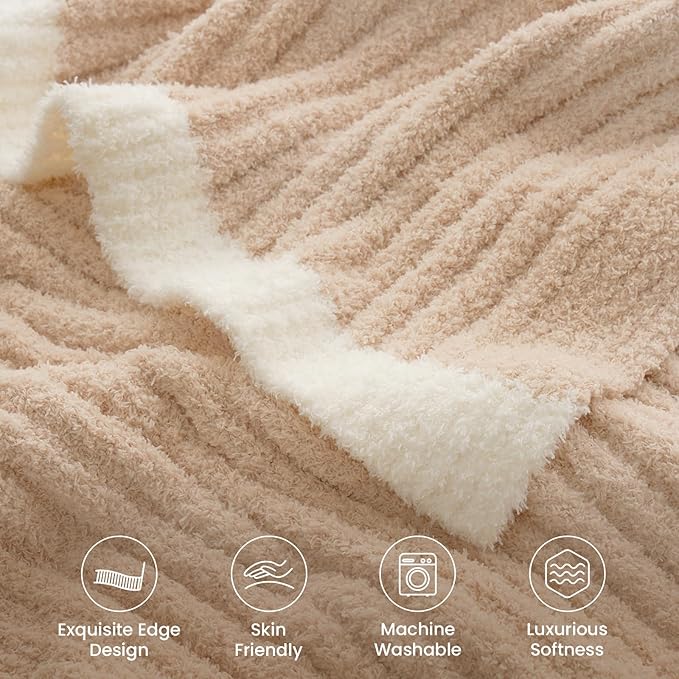Snuggle Sac Soft Ribbed Beige Throw Blanket for Couch, Luxurious Fluffy Cozy Knit Throws for All Season, Reversible Warm Microfiber Netural Blankets for Couch, Sofa, Travel, Beige, 50x60 inches