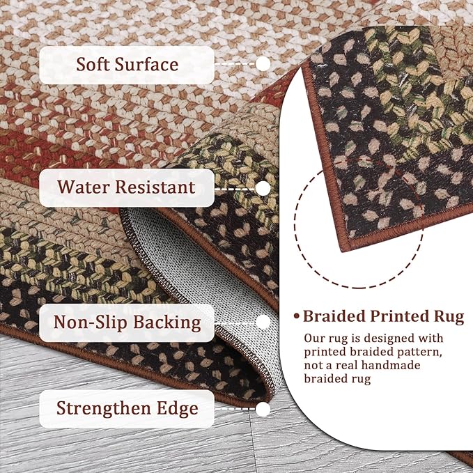 RUGSREAL 9x12 Braided Rug Washable Living Room Rug Modern Braid Printed Large Bedroom Rug with Rubber Backing Farmhouse Accent Large Carpet for Dining Room Home Decor Office, Crimson/Earthy