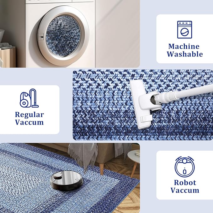 RUGSREAL 9x12 Living Room Rug Large Washable Rug Non Slip Dining Room Boho Braided Print Carpet Indoor Throw Floor Cover Farmhouse Rustic Area Rug Bohemian Border Carpet for Bedroom Home Decor, Navy