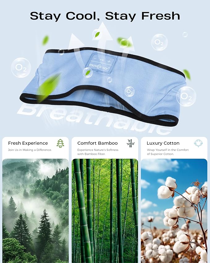 MUSICOZY Sleep Headphones Soft Bamboo Cotton Headband Headphones for Sleeping, Sleep Headphone Wireless Bluetooth 5.4 with Ultra-Thin HD Stereo Speaker for Unique Gifts(Light Blue)