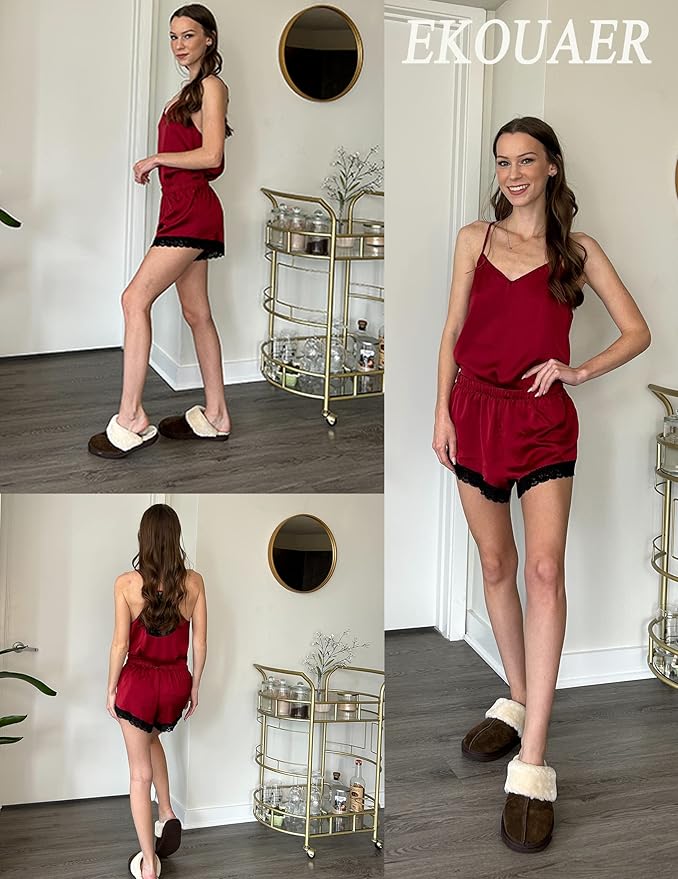Ekouaer Satin Pajamas Women Lace Sleepwear Lingerie Cami Shorts Set Nightwear XS-XXL