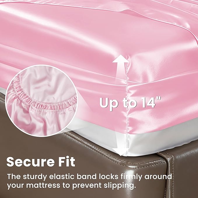 Love's cabin Satin Twin Sheets Set - 4 Piece Pink Silky Bed Sheets Set with Deep Pocket, Luxury Silk Feel Satin Twin Size Sheet Set (1 Flat Sheet, 1 Fitted Sheet, 2 Pillow Cases)