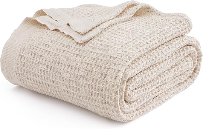 Bedsure Gentlesoft 100% Cotton Blanket Twin XL Size for College Dorm - Breathable and Soft for Spring Summer, Waffle Weave Twin Blanket for Bed, Dorm Room Essentials, Light Beige, 66x90 inches