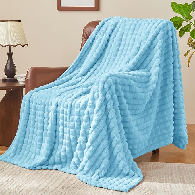 BEDELITE Light Blue Throw Blanket for Couch and Bed- Super Soft and Warm 3D Checkered Fluffy Fuzzy Fleece Blanket, Luxurious Plush Cozy Blanket for Room Decor Spring, 50x60 inches