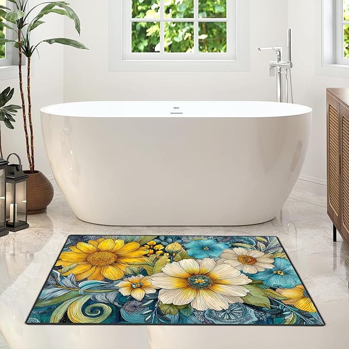 Flower Area Rug 2x3 ft Entry Rug Washable Boho Rugs Non Slip Low Pile Floral Door Mat Small Carpet for Bedroom, Bedside, Kids Room, Office, Dining Room