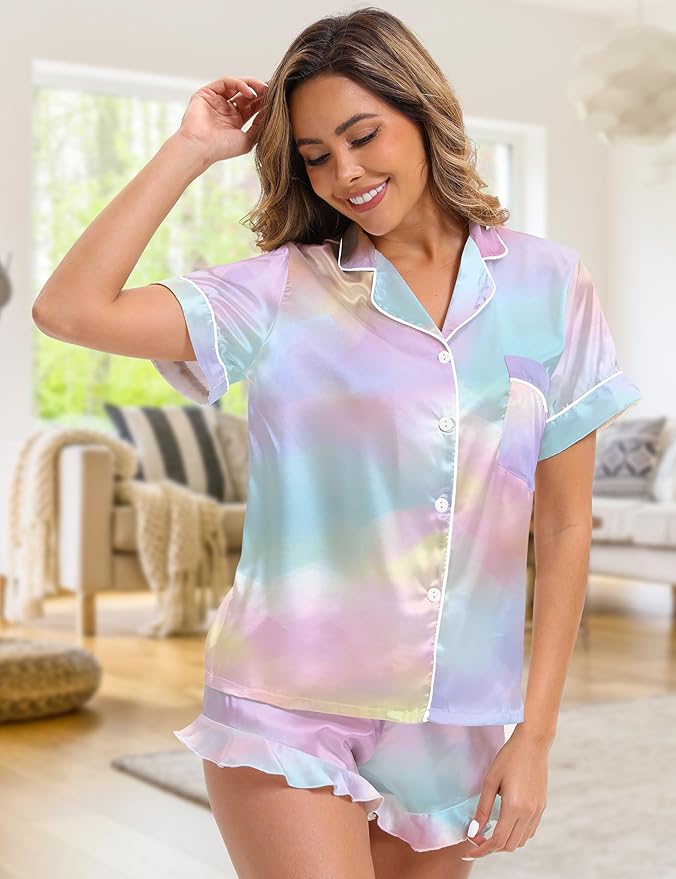 Silk Satin Pajama Set for Women 3-piece Short Sleeve Pajama with Pants Ruffle Shorts Cute Pj Set Button Down Sleepwear