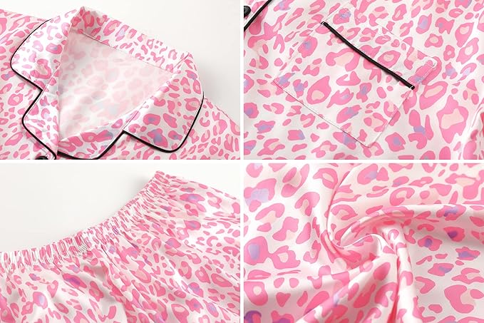 Umeyda Girls Womens Pajamas Set, Satin Silky Button Down Loungewear 2 Piece Short Sleeve Pants PJS Sets for Mommy Kids