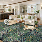 Lessymo Floral Living Room Rug 8x10 Area Rugs, Vintage Forest Washable Rugs for Dining Room Bedroom, Low Pile Non Slip Rubber Green Mat, Distressed Retro Indoor Boho Carpet, Forest Green