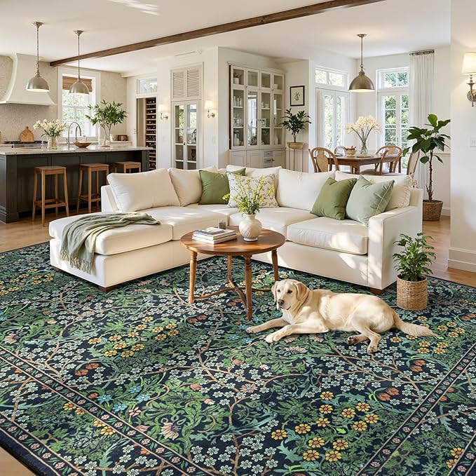 Lessymo Floral Living Room Rug 8x10 Area Rugs, Vintage Forest Washable Rugs for Dining Room Bedroom, Low Pile Non Slip Rubber Green Mat, Distressed Retro Indoor Boho Carpet, Forest Green