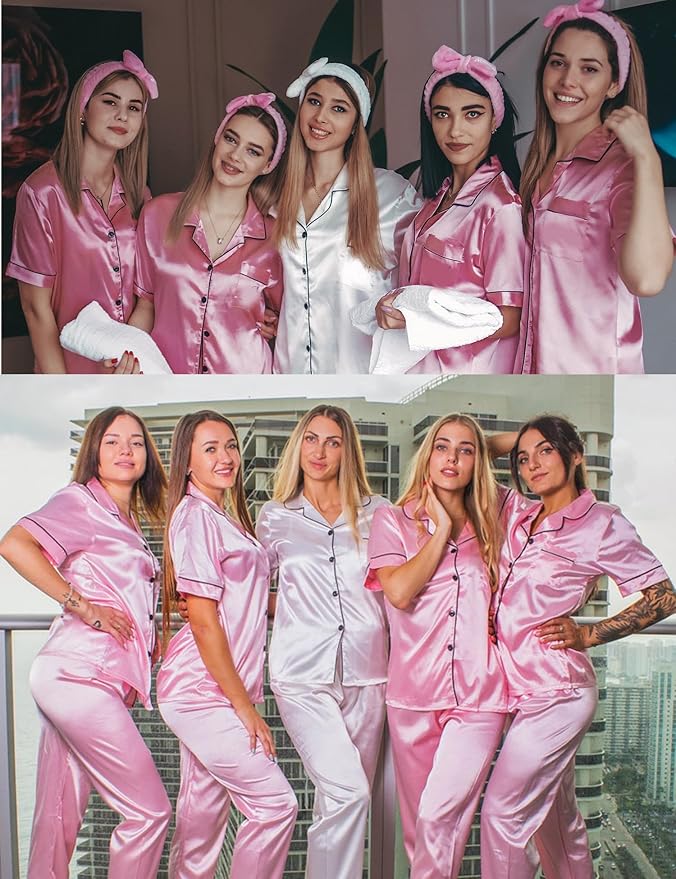 SWOMOG Women Satin Pajamas Set Short Sleeve Top & Pants Sleepwear Silky Button Down Nightwear 2pcs Loungewear Pjs Set
